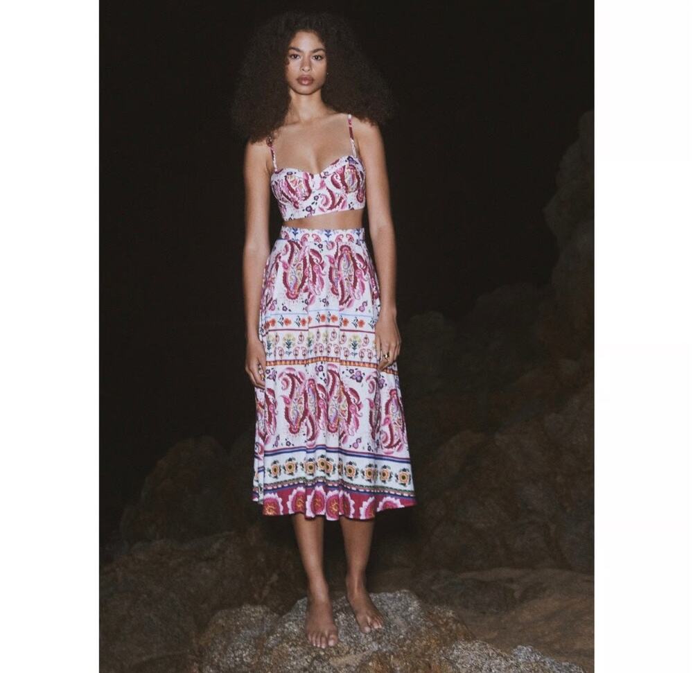 Caroline Constas Linen White & Pink Floral Paisley A-Line Midi Skirt